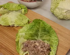 Step <p><span style="font-weight: normal;">Coloque una hoja de col en una superfície limpia. Ponga 1/8 del relleno (aproximadamente 2-3 cucharadas) en el extremo inferior, donde hay el corte del tallo.</span></p><p><span style="font-weight: normal;">Enrolle con cuidado doblando primero los laterales hacia a dentro y luego envolviendo hacia la parte más exterior de la hora.</span></p><p><span style="font-weight: normal;">Coloque los rollos repartidos entre la Varoma y la bandeja.</span></p> illustration